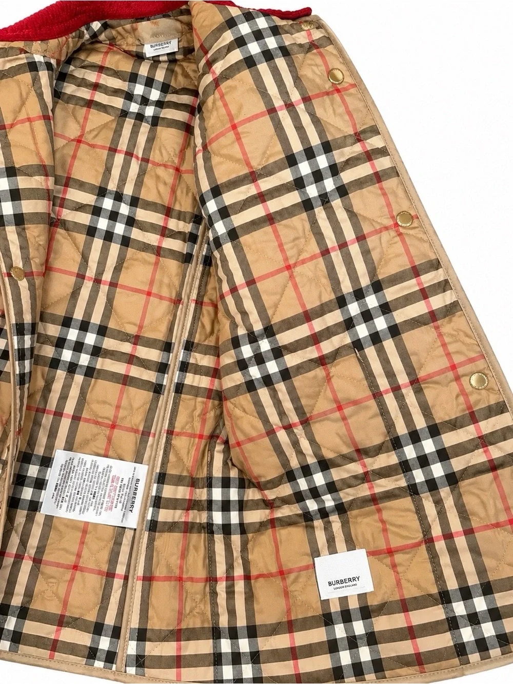 Burberry Tan Quilted Puffer Jacket with Red Corduroy Collar